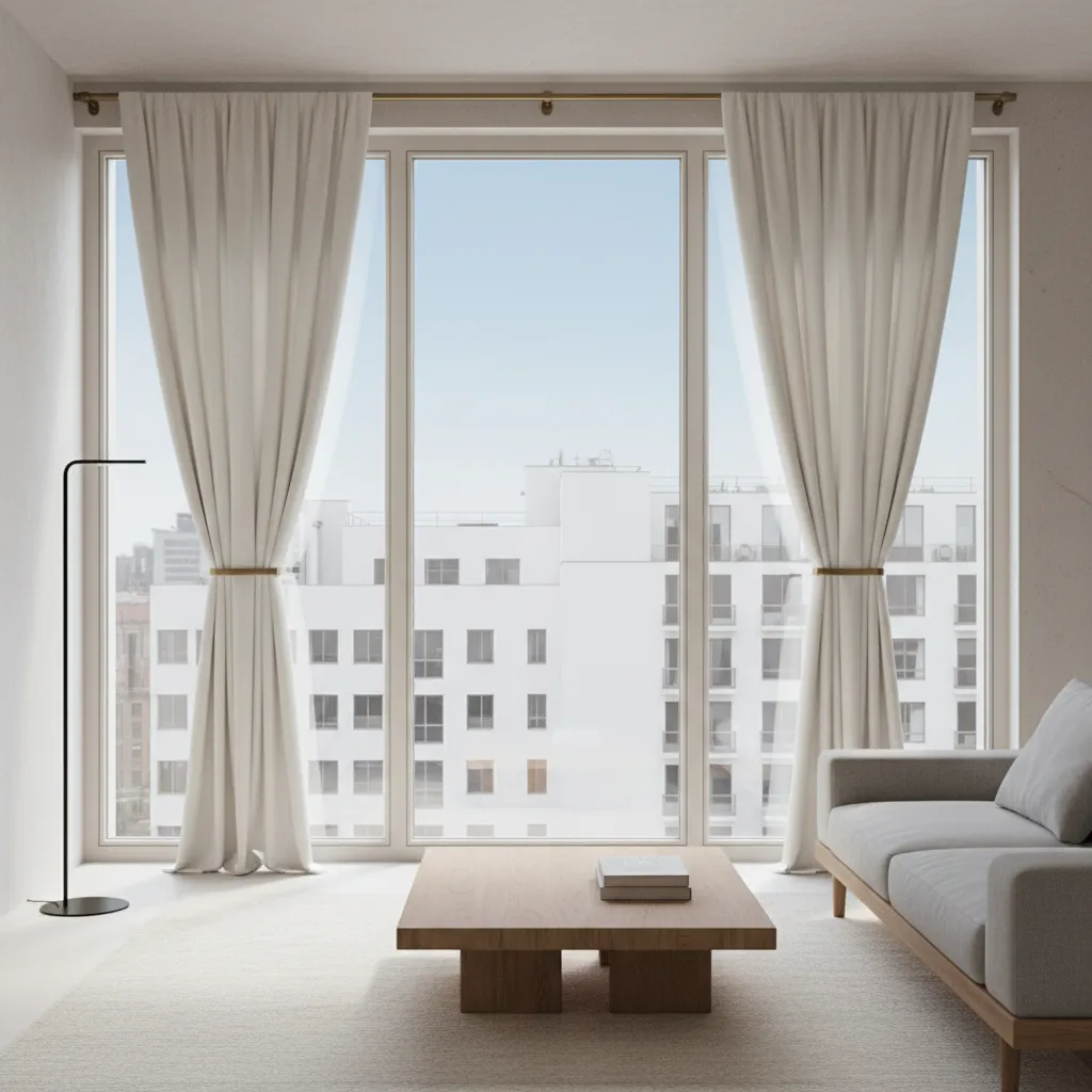 Diagram style interior render showing higher curtain tie back placement on window curtains