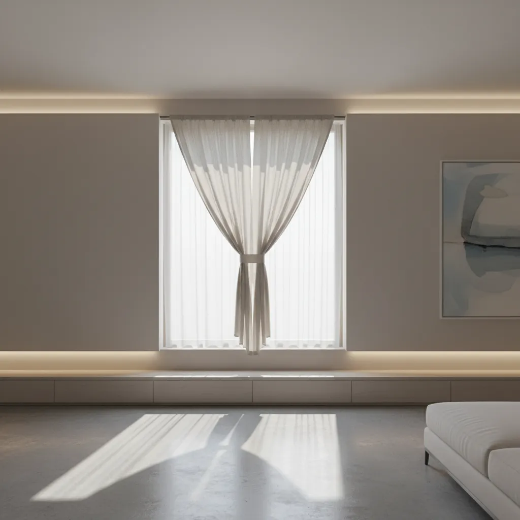 Curtains tied higher on window to increase daylight exposure