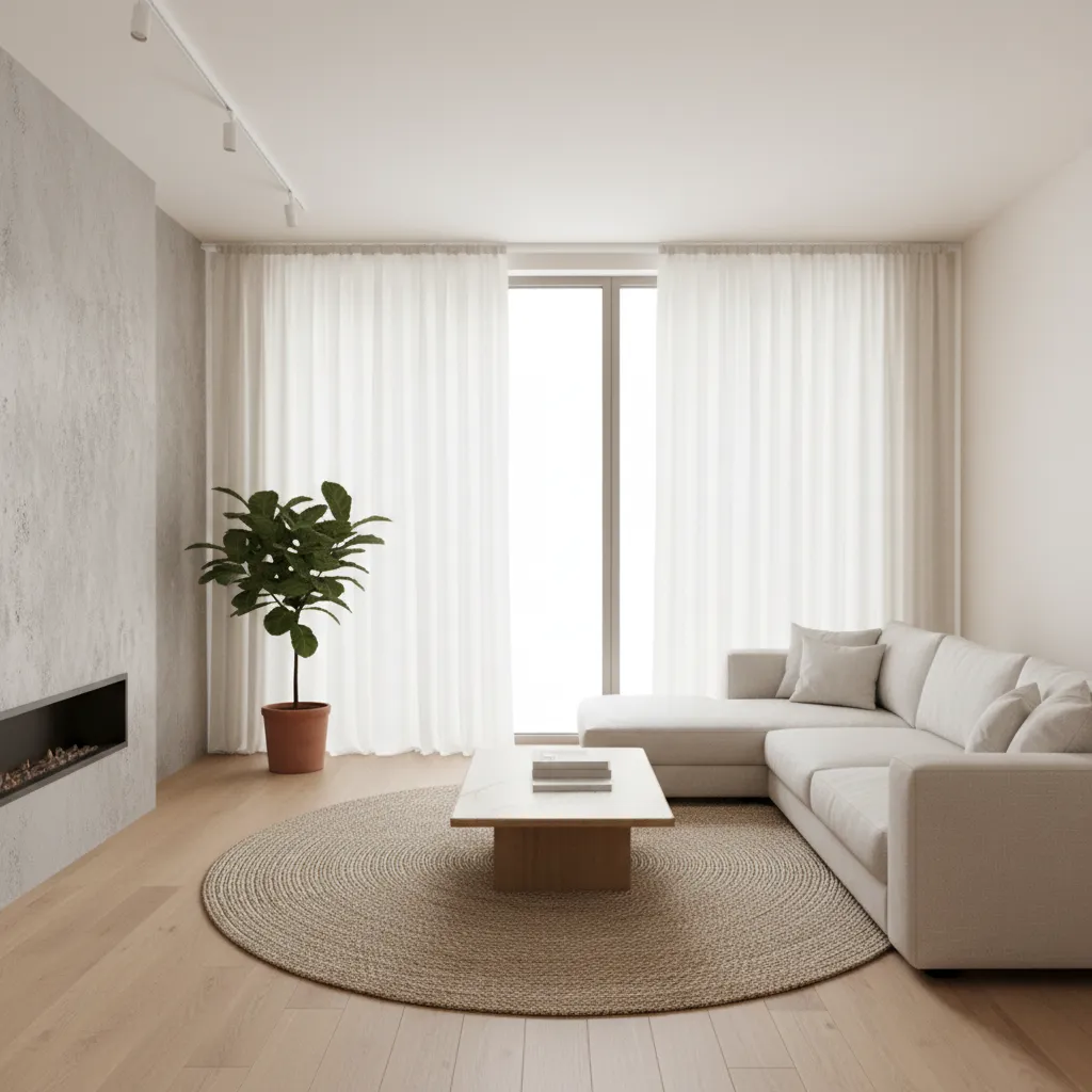 Cortinas instaladas desde el techo en un salón moderno para aumentar la sensación de altura