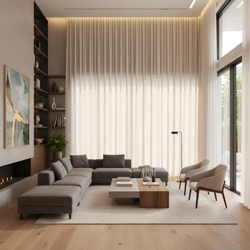 Salón moderno donde las cortinas forman parte del diseño del espacio