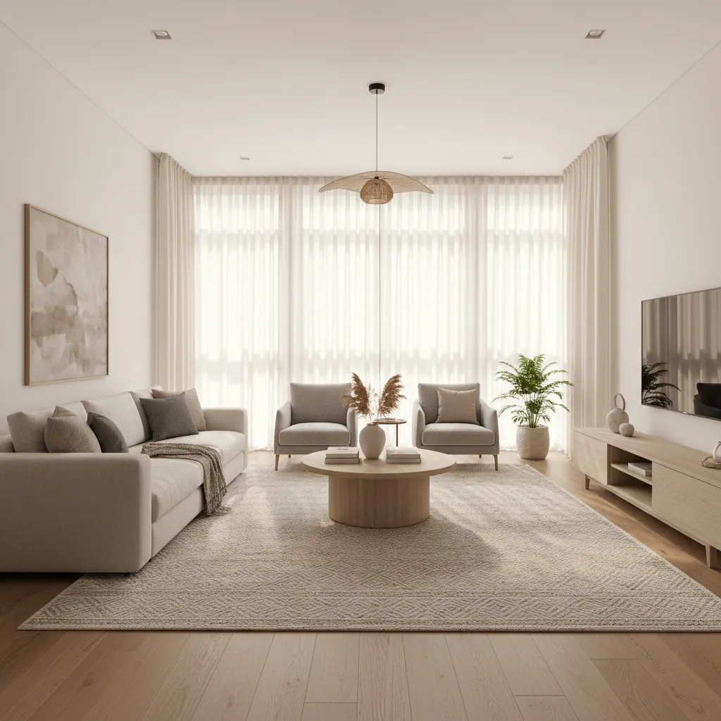 Modern living room with beige sofa grey chairs round table and large white window curtains