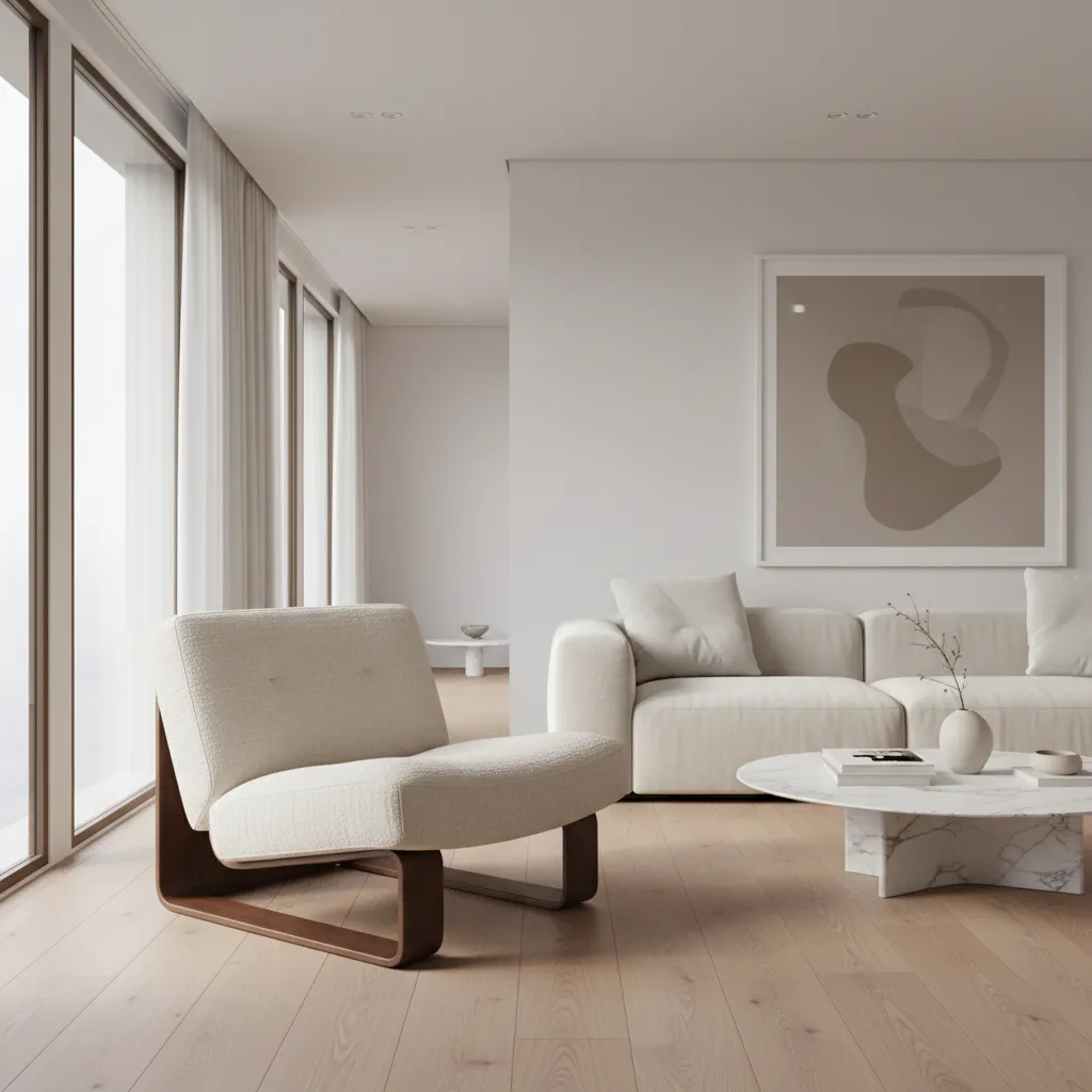 Curved modern accent chair design in stylish living room