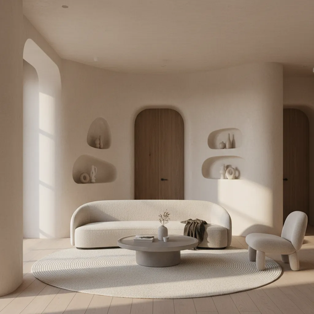 Minimalist living room with curved plaster wall and organic architecture