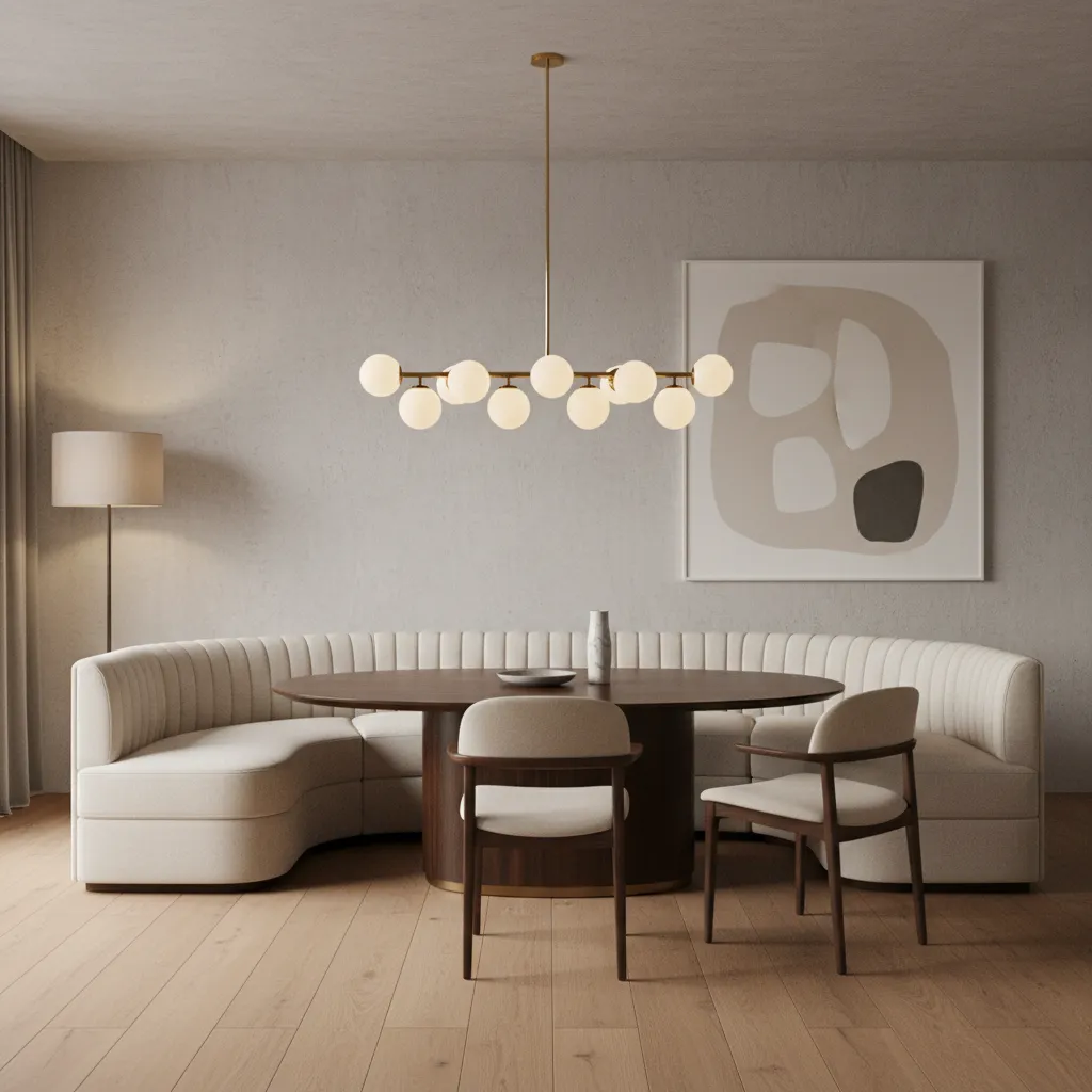 Dining area with curved white sofa, round table, two chairs, ceiling light, and wall painting