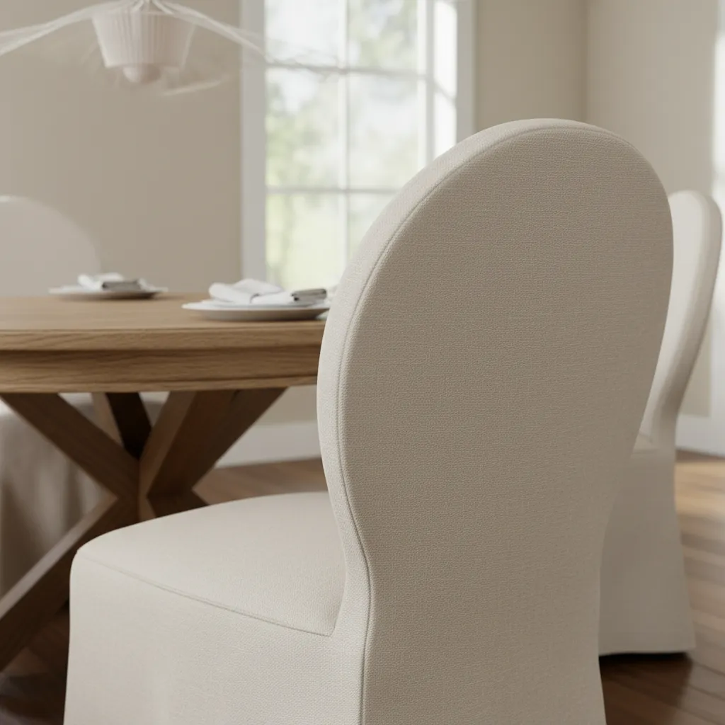Stretch slipcover fitted smoothly over a rounded back dining chair