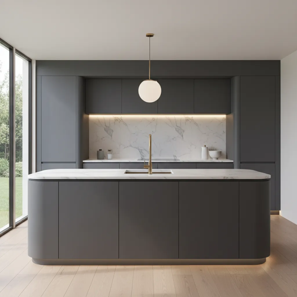 curved radius corner kitchen sink cabinet design in modern kitchen