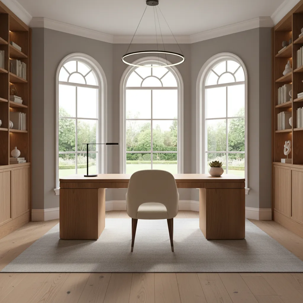 Curved desk following the arc of a bay window in a bright home office