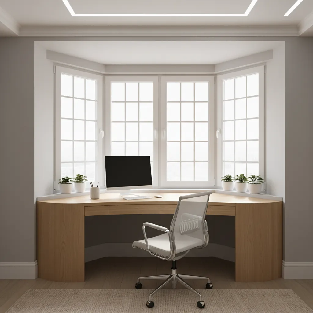curved desk fitting inside bay window layout improving workspace ergonomics