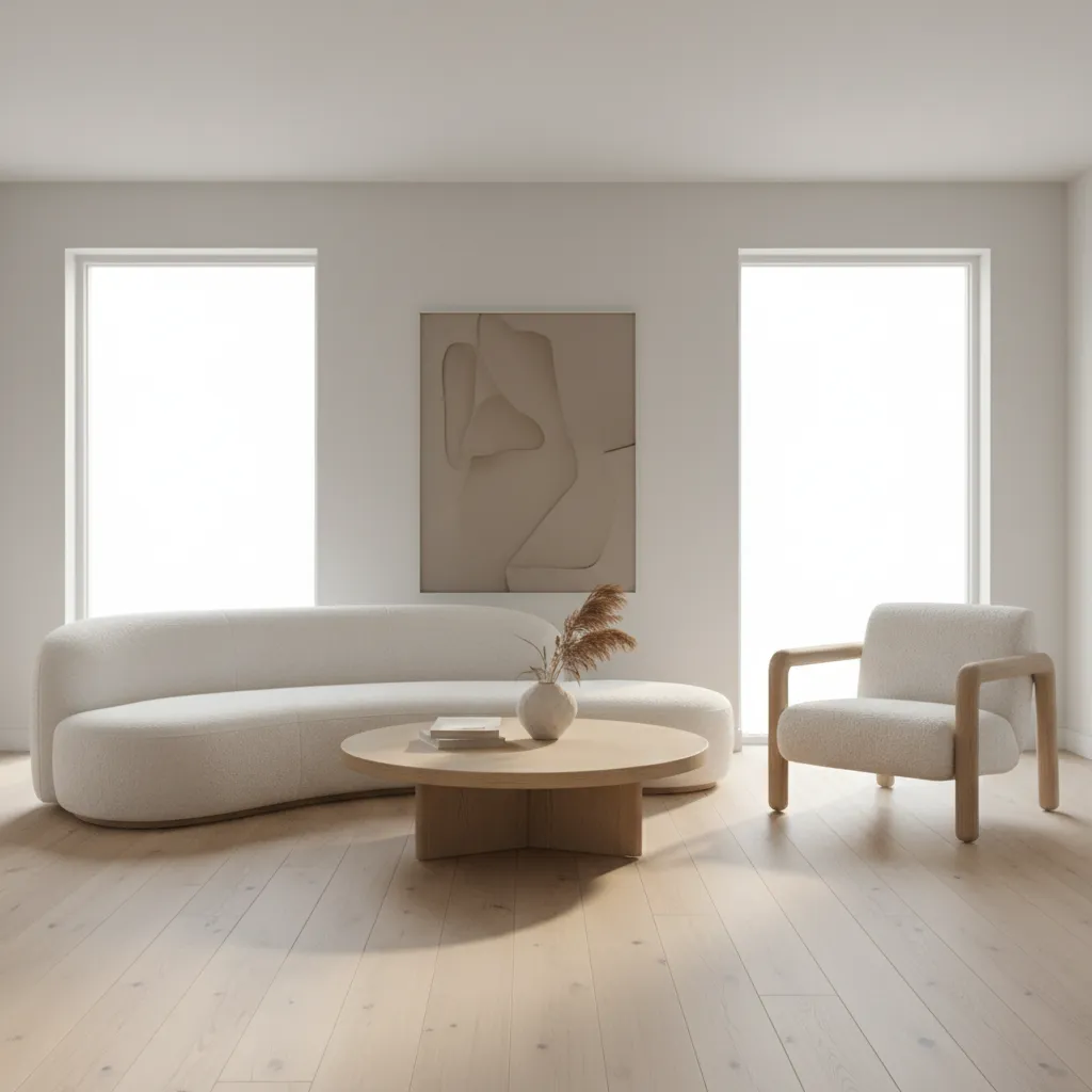 Soft minimal living room with curved furniture and warm neutral materials