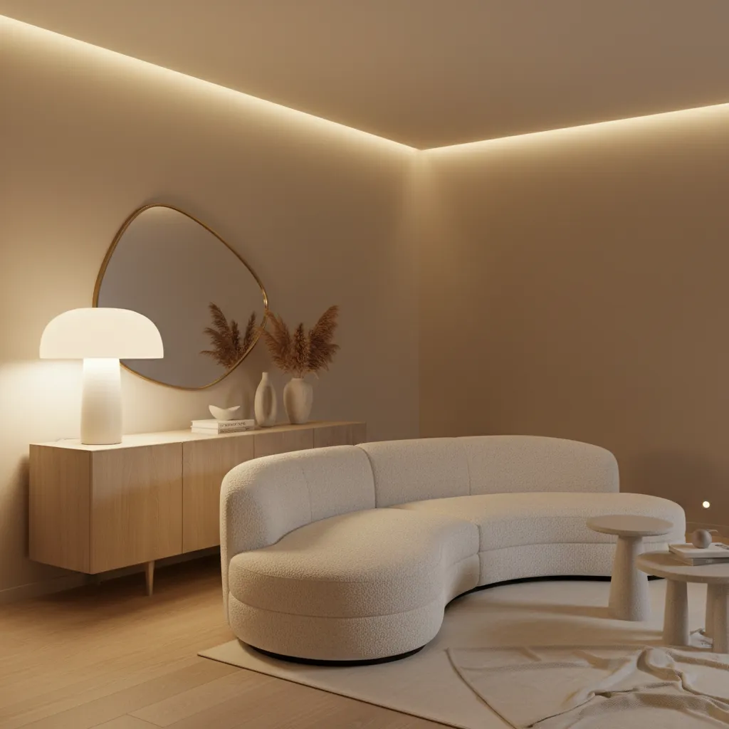 Curved sofa and sculptural lamp in modern apartment interior