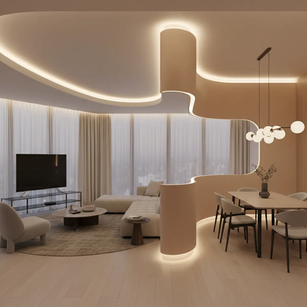 Curved half wall partition in modern small apartment interior