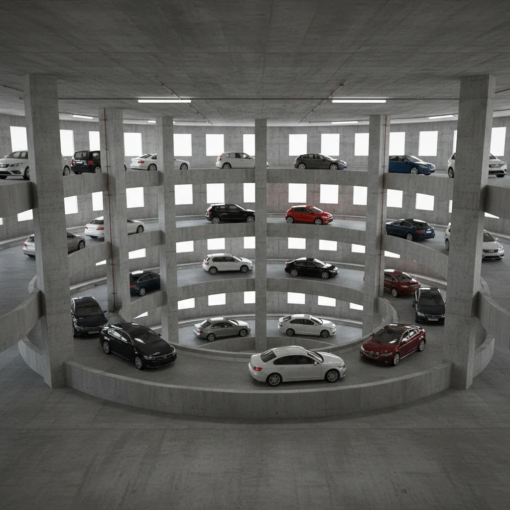 Curved helical ramp inside modern multi level parking garage