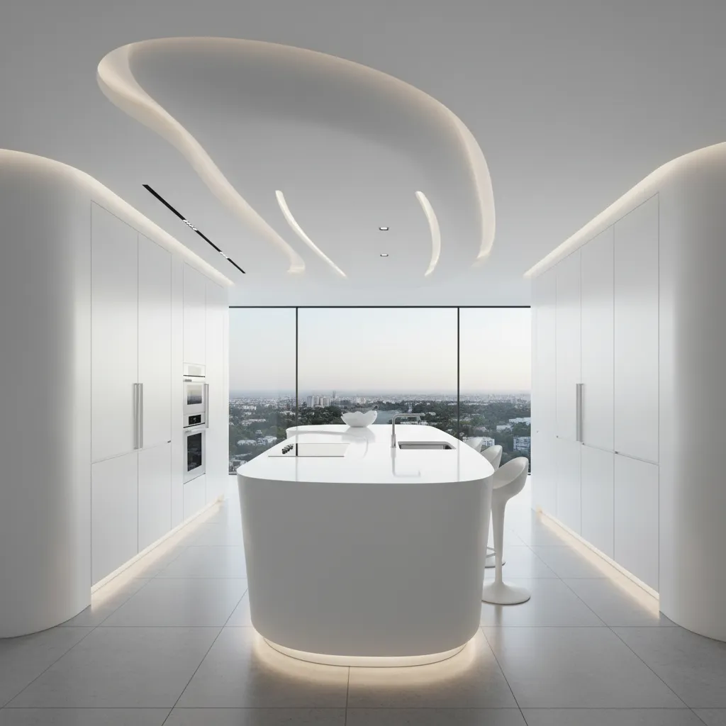 Cocina moderna con isla curva inspirada en diseño futurista