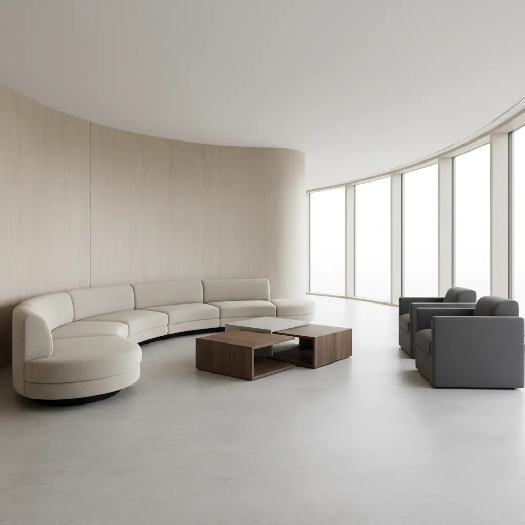 awkward curved living room layout with furniture misaligned to curved wall