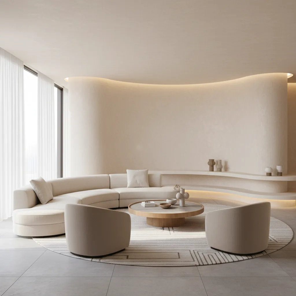 living room furniture arranged in semicircle following curved wall