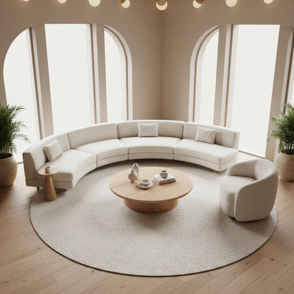 curved furniture seating arrangement forming circular social layout in living room