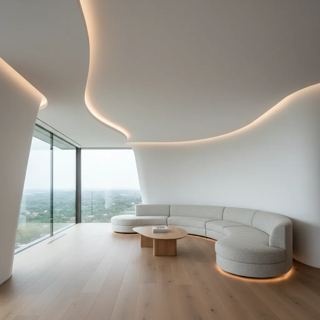 modern curved living room interior with rounded sofa and curved architectural wall
