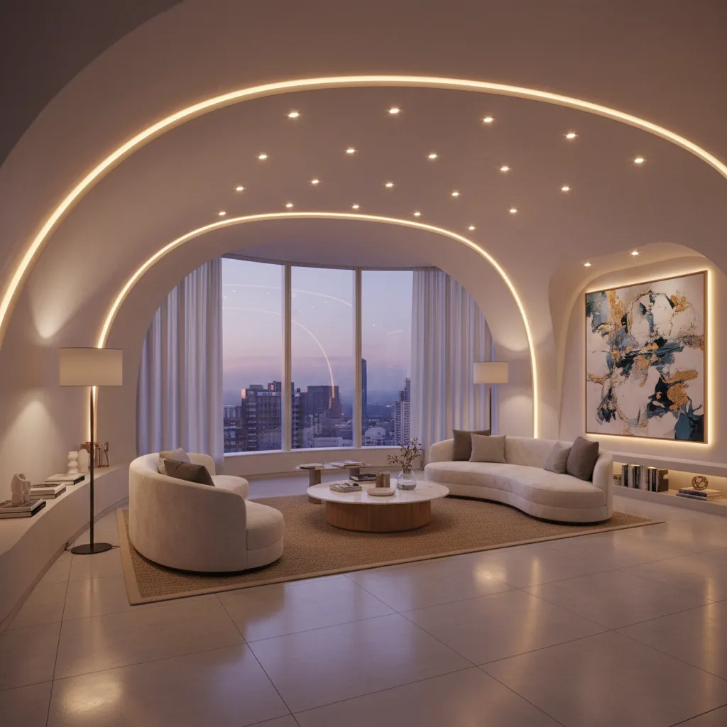 curved living room with recessed lighting following curved ceiling and floor lamps