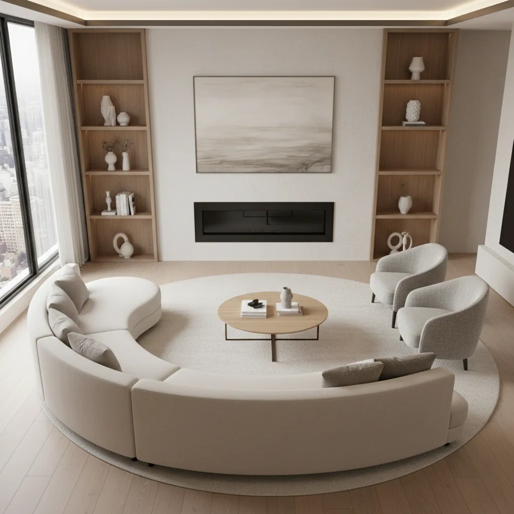 Living room layout showing curved sofa guiding seating arrangement