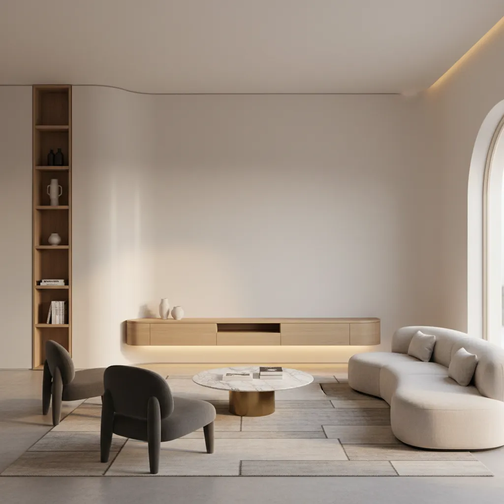 modern curved living room with floating console and freestanding shelving