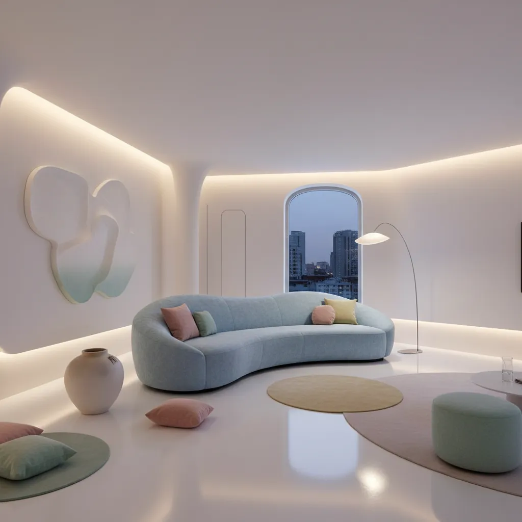 Sala moderna con sofá curvo y diseño interior futurista