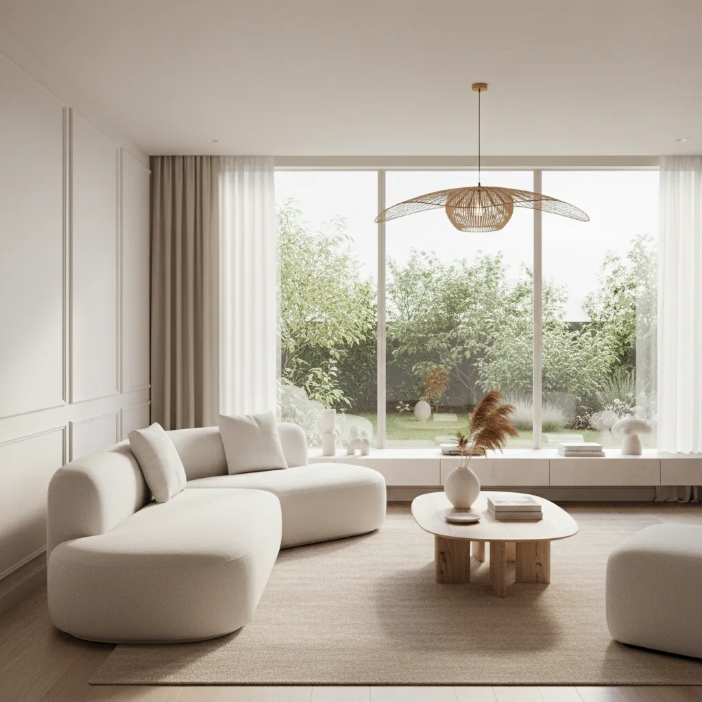 Contemporary living room featuring curved sectional sofa and rounded coffee table