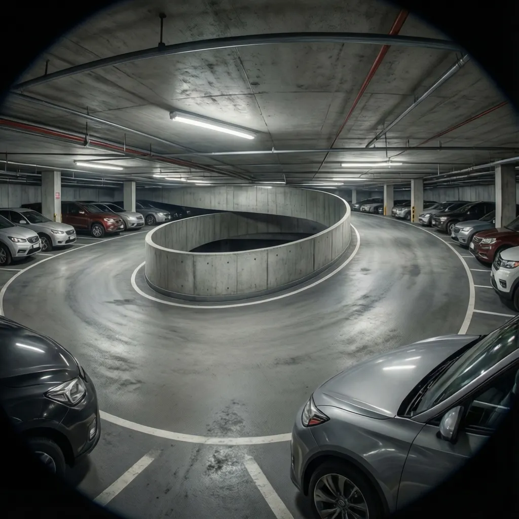 Curved basement parking ramp with optimized turning radius
