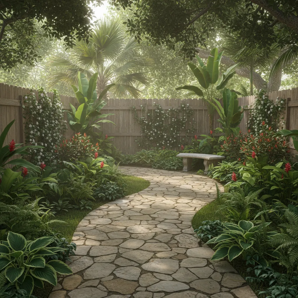 Curved stone pathway in small residential garden