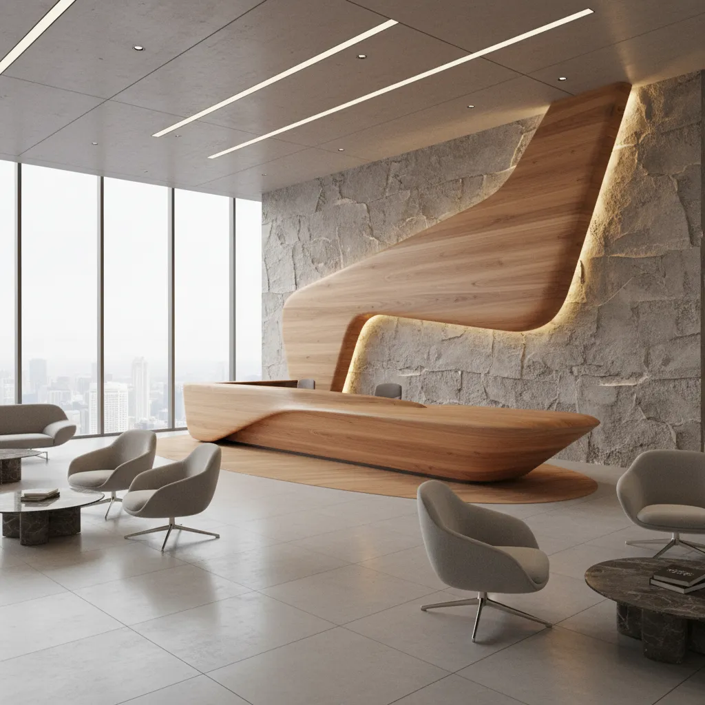 Modern office reception area with curved wooden desk stone wall grey chairs and city views