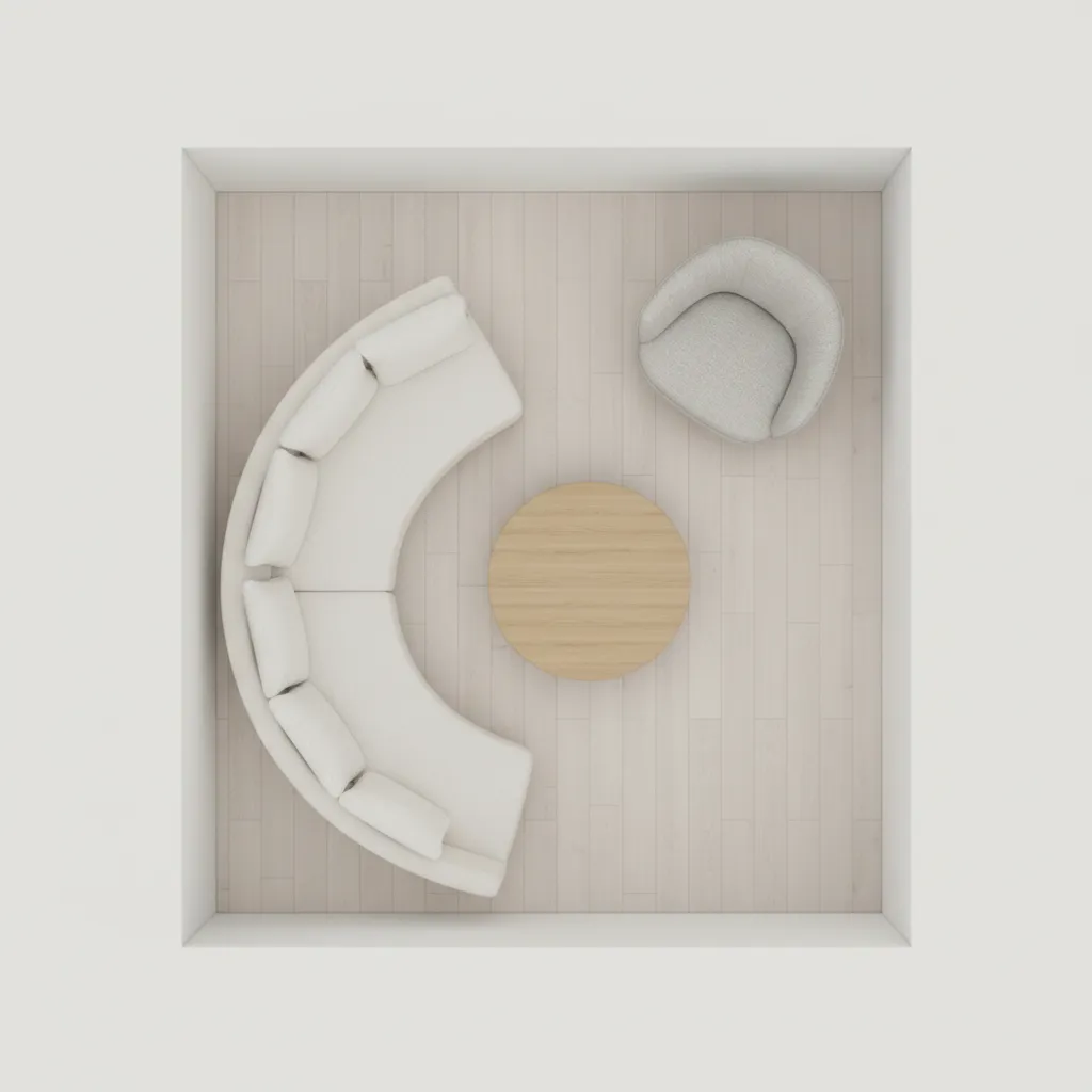 Circular seating layout with curved sofa and round coffee table