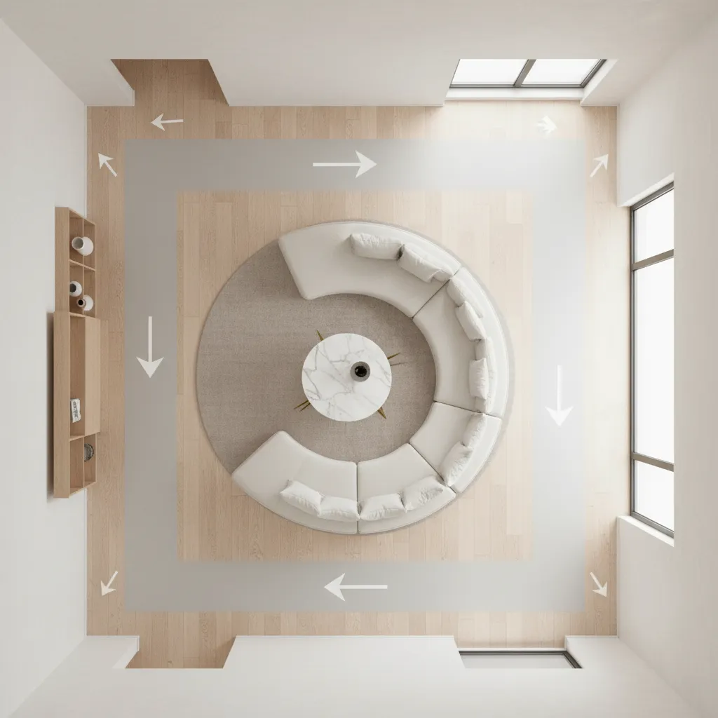Living room layout showing spacing and circulation around a curved sofa