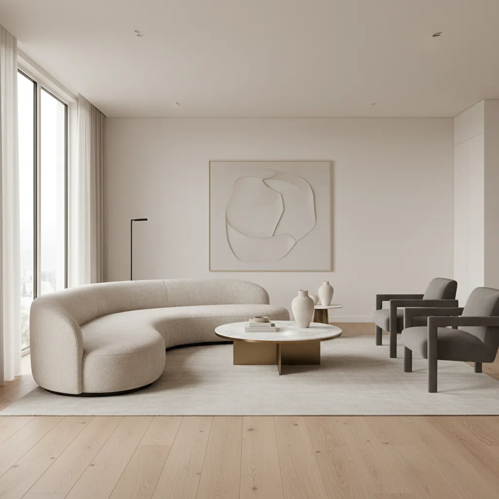Contemporary living room with a sculptural curved sofa and soft neutral palette