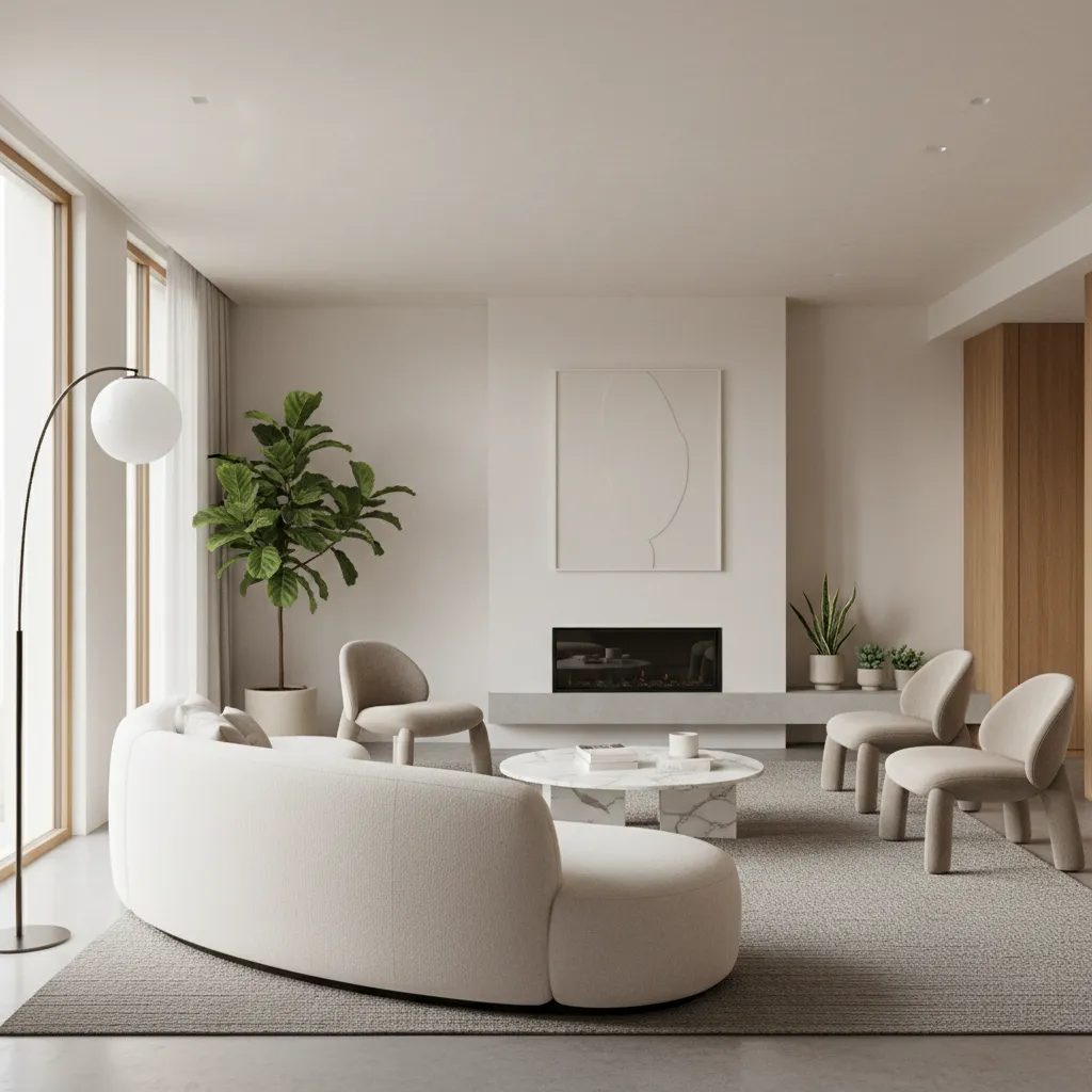 Modern living room with white curved sofa marble coffee table fireplace green plant and lamp