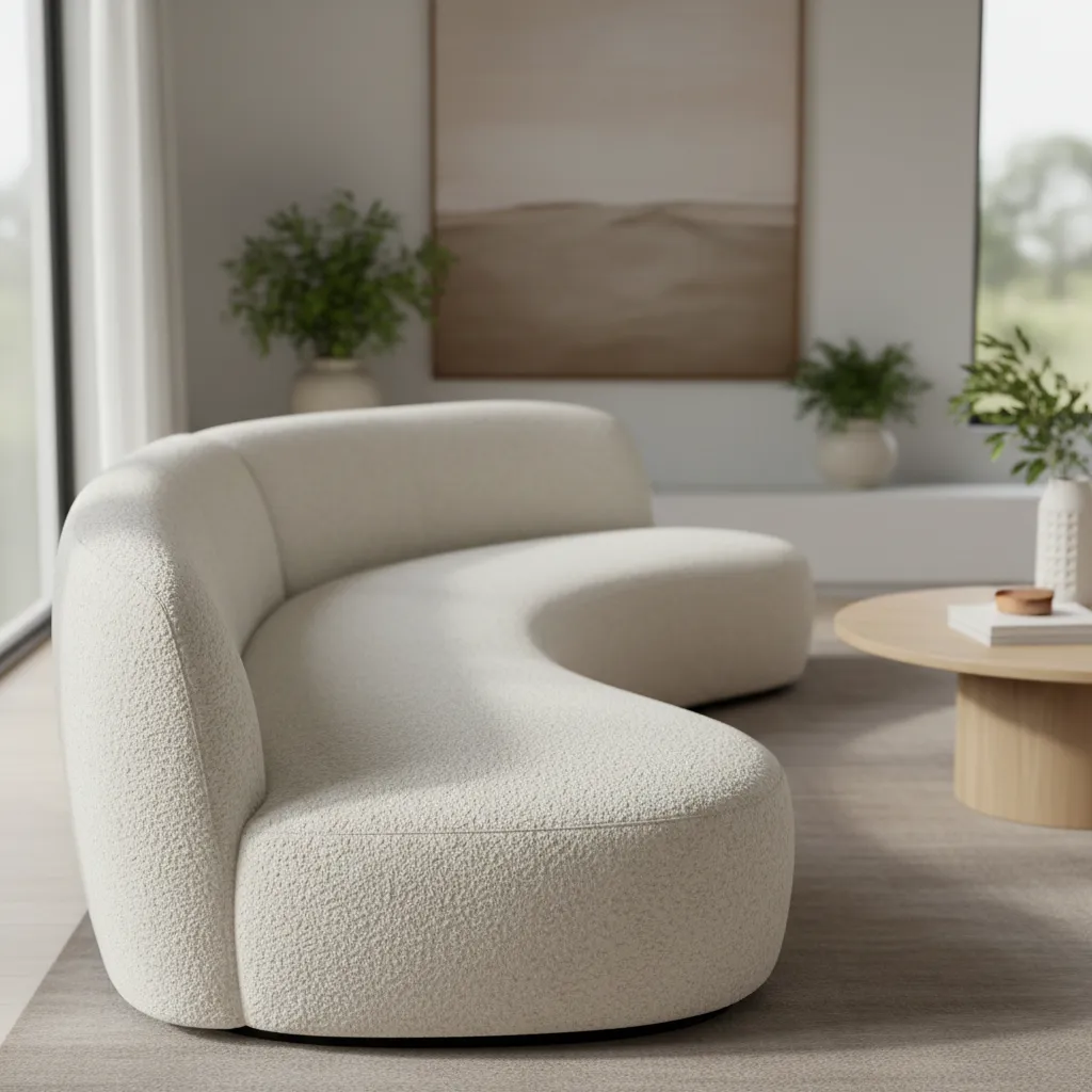 Close view of curved sofa upholstery texture showing bouclé fabric