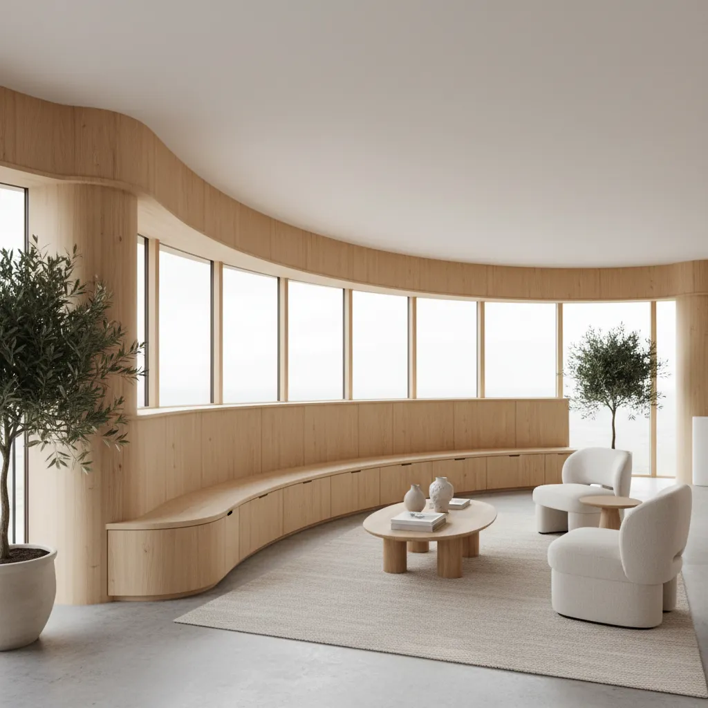 Curved wall living room with built in bench seating and storage following circular architecture
