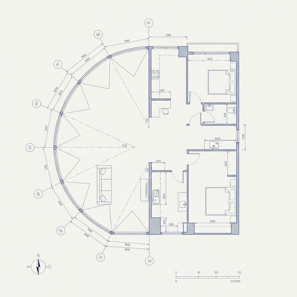 curved wall floor plan divided into small straight segments for measurement