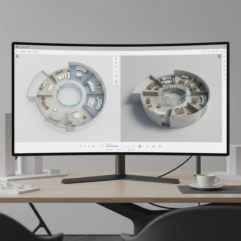 3D floor planner software interface displaying curved walls and circular room layout