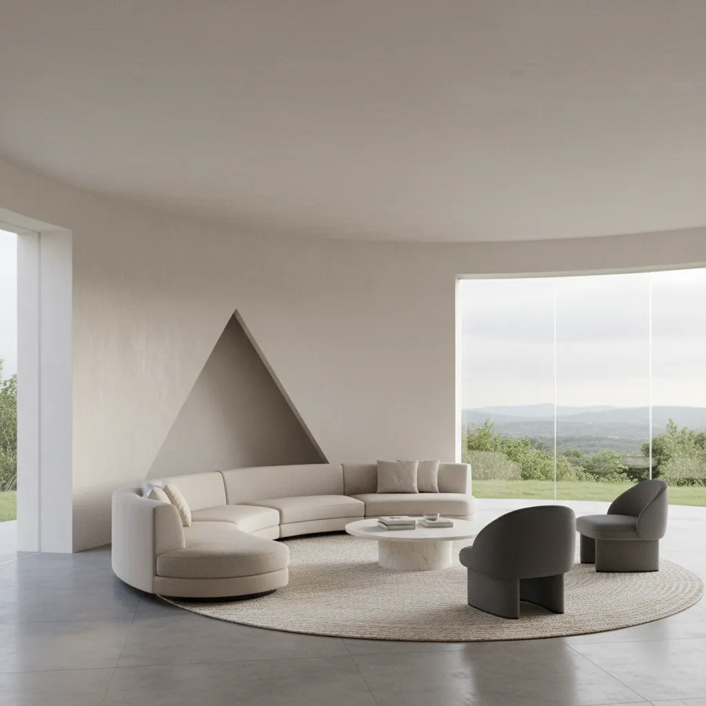 Interior of circular living room showing unused wedge space along curved wall