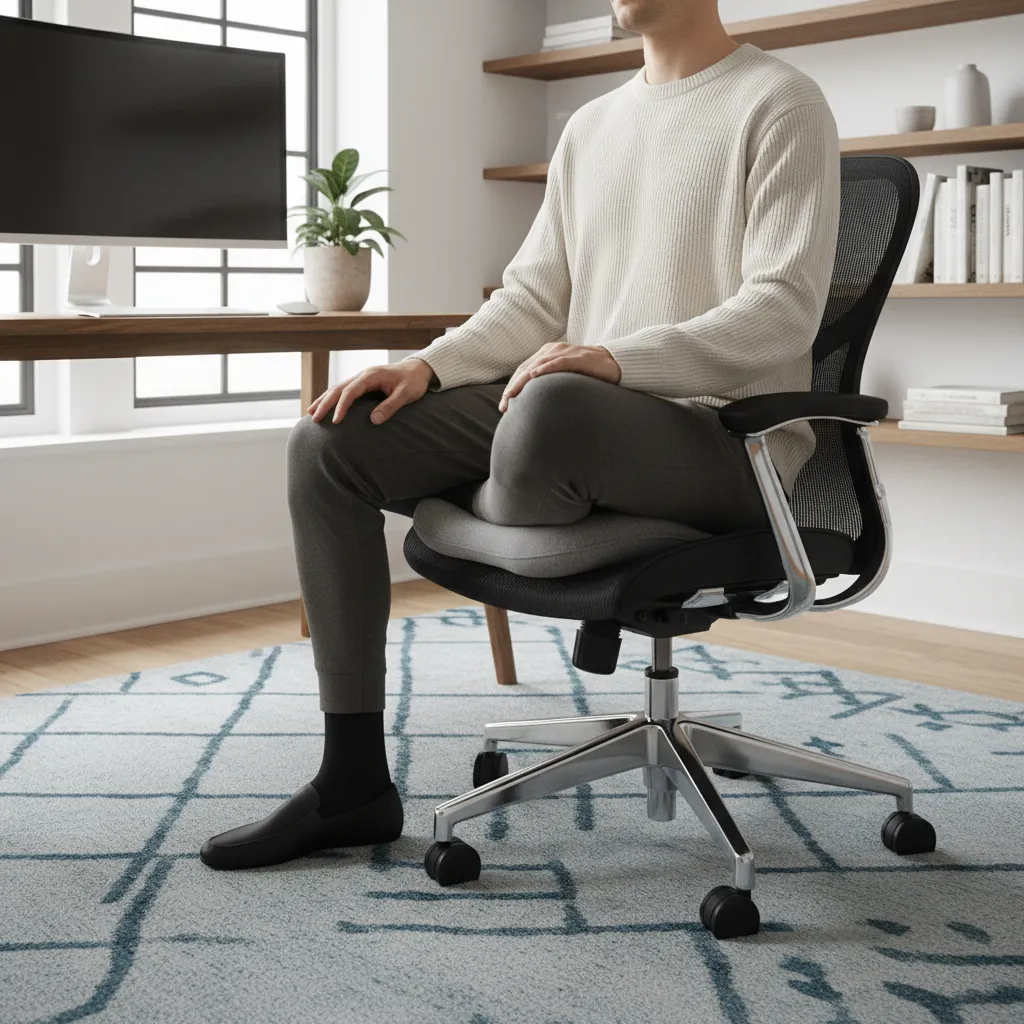 small cushion placed under knee while sitting cross legged in an office chair