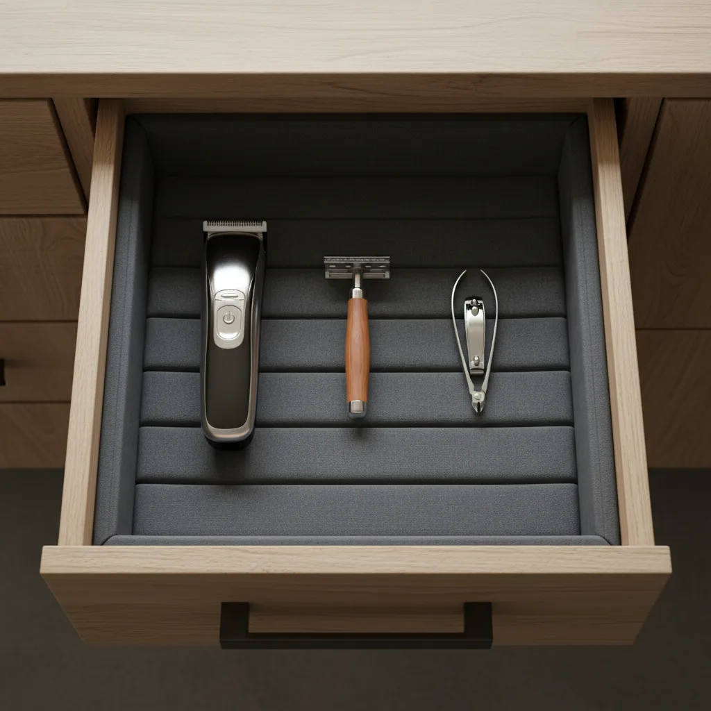 Bathroom drawer with cushioned liner protecting surface from grooming tools