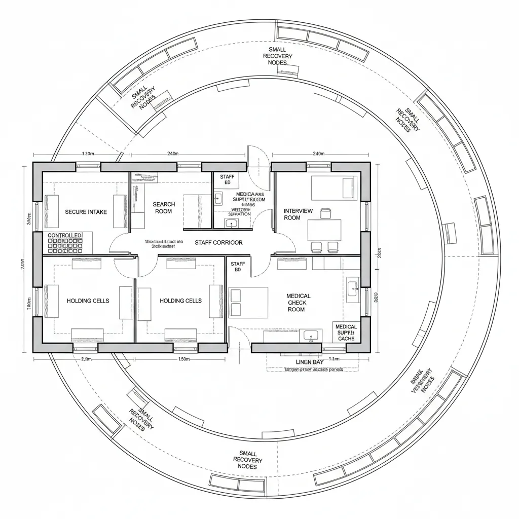 Top-down CAD plan of custody intake-to-release with wellness corridor