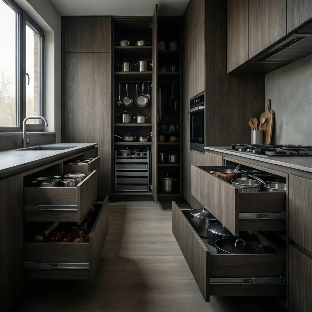 Custom kitchen cabinets with varied drawer and cabinet sizes for optimized storage
