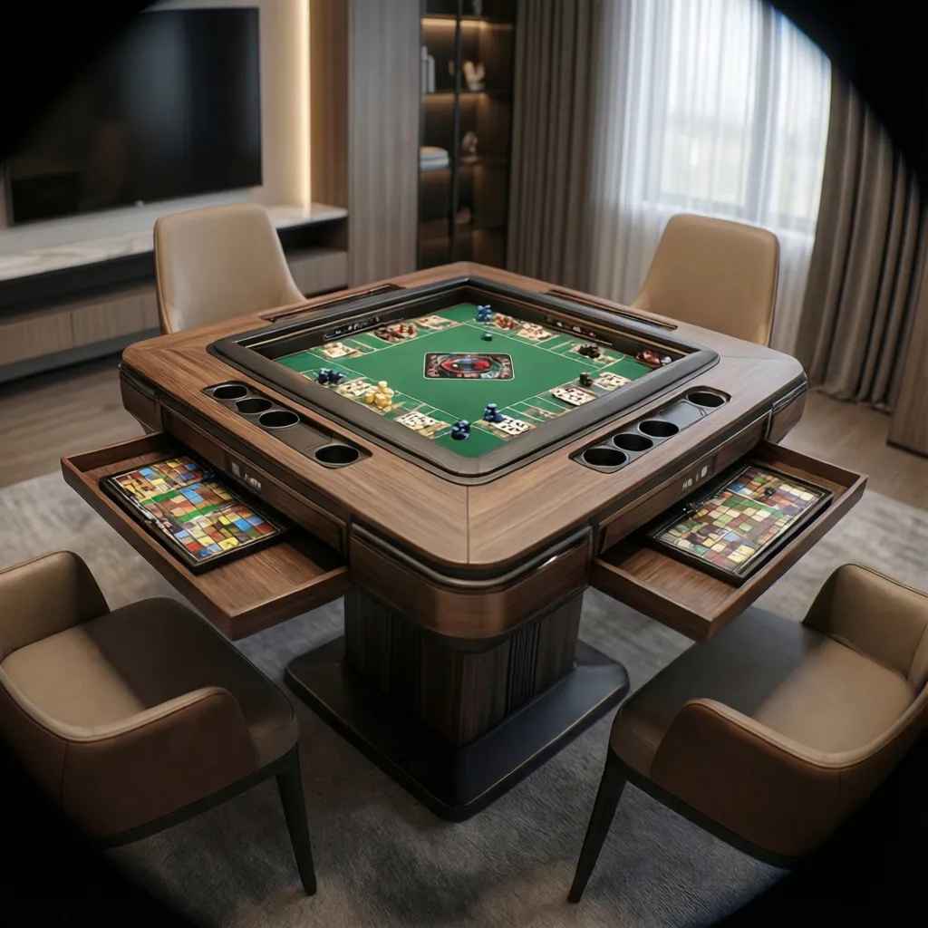 Custom board game table with recessed play area cup holders and accessory rail