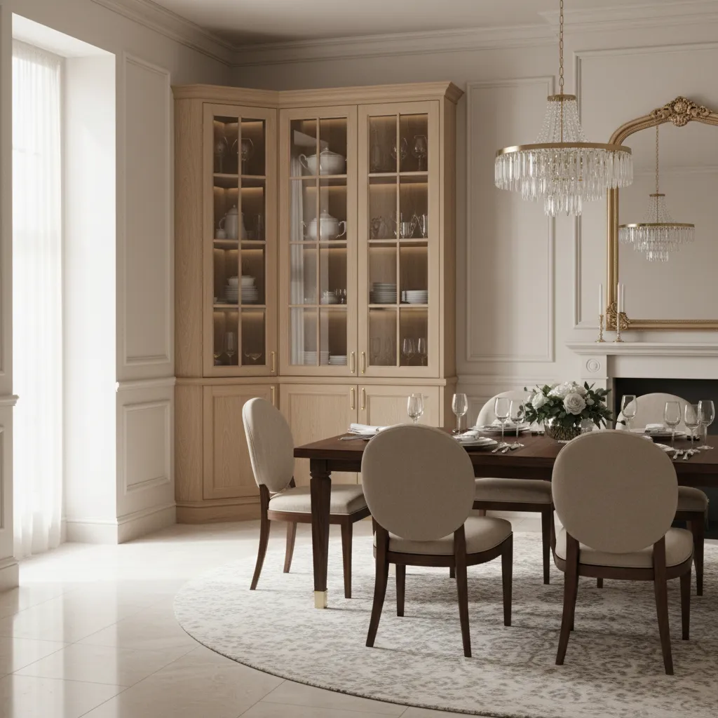 Custom built in corner cabinet integrated with dining room wall trim