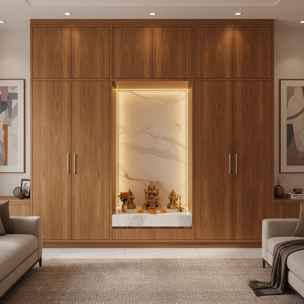 Custom built wooden pooja cupboard integrated into wall cabinetry