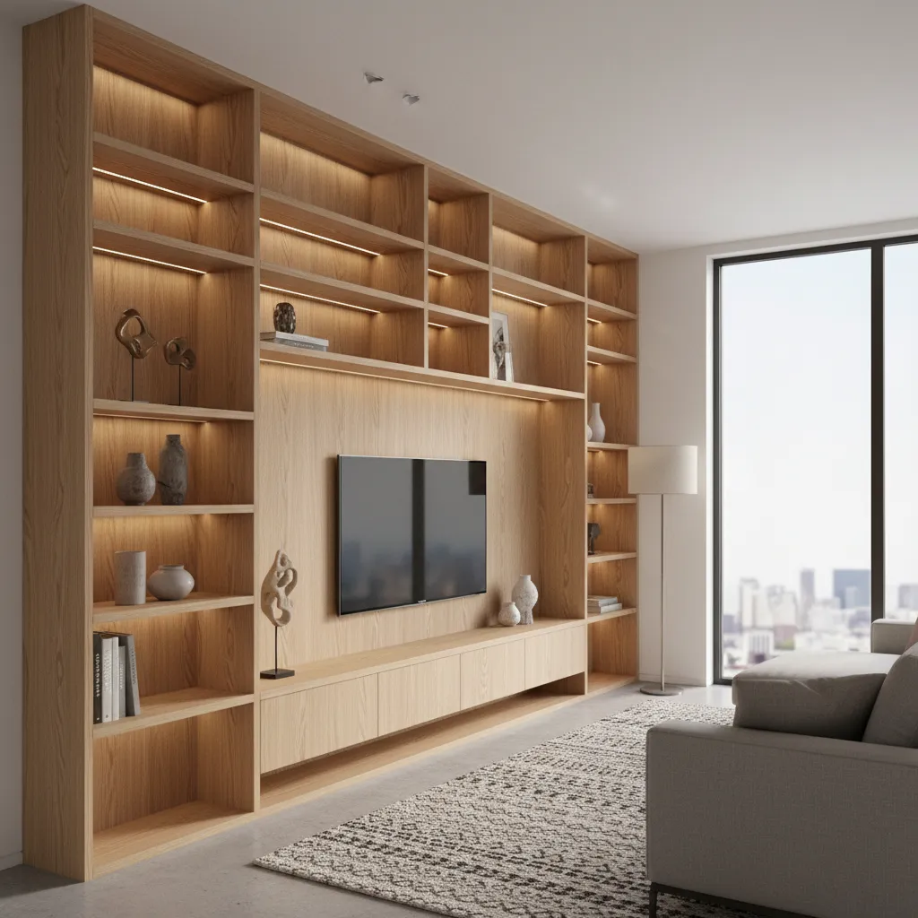 Light wood wall shelving with integrated TV grey sofa patterned rug and large city window
