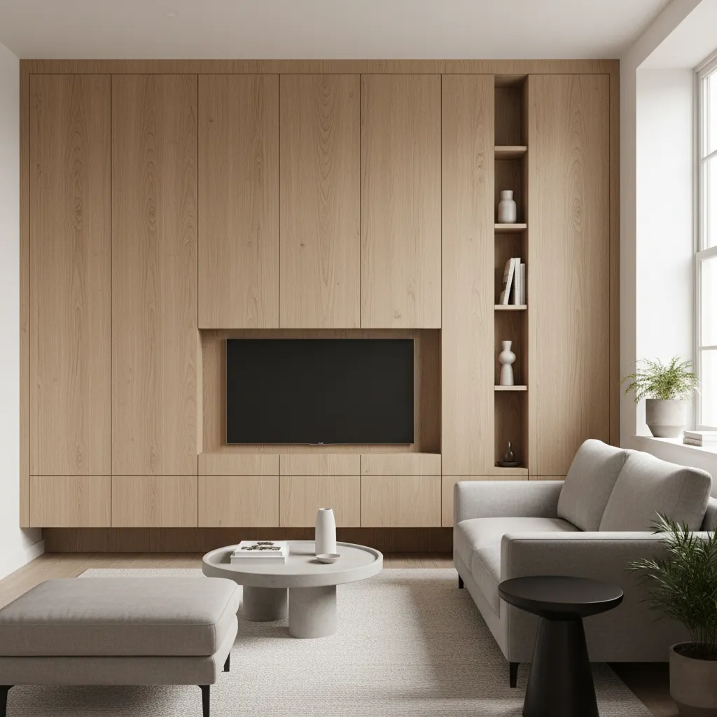 Mueble empotrado diseñado a medida en un salón pequeño