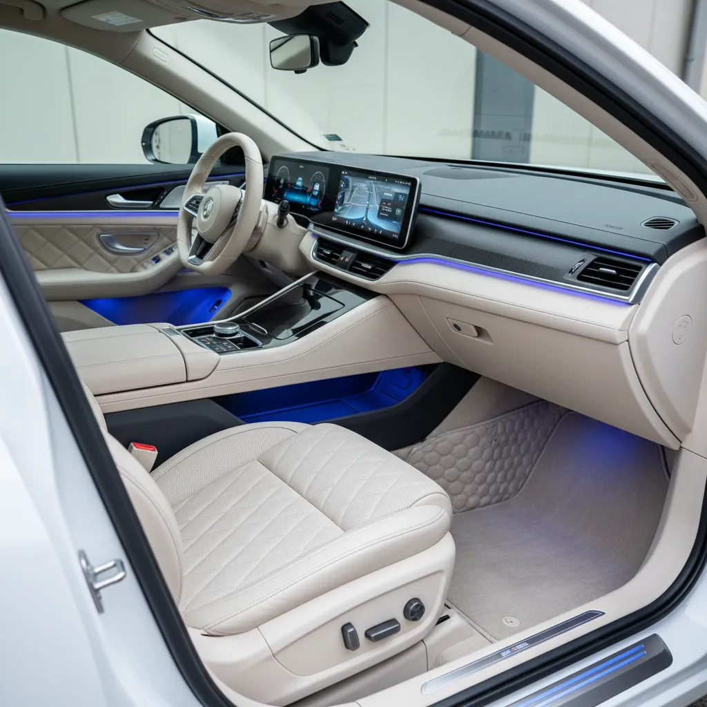 Interior de coche personalizado con nueva tapicería y iluminación