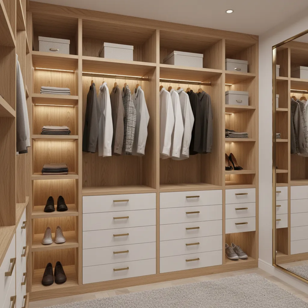 close view of custom closet drawers shelves and metal hanging rods