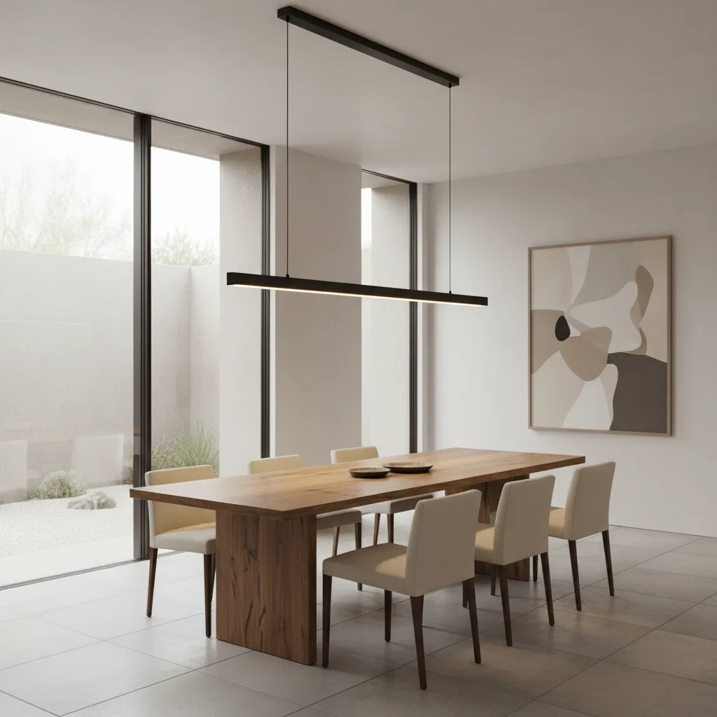 Luminaria lineal personalizada sobre mesa de comedor moderna